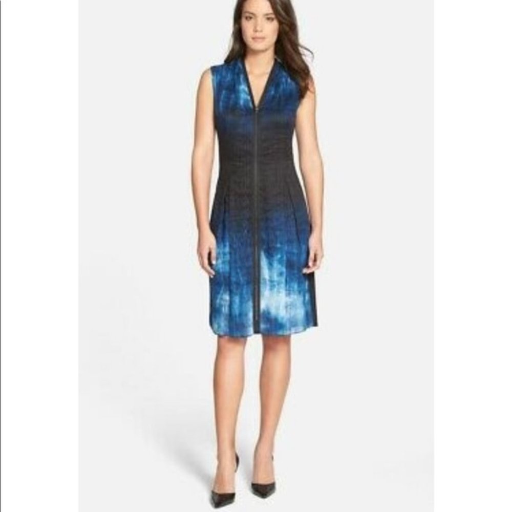 Elie Tahari | Zip Front Black and Blue Watercolor Sleeveless Shift Dress, Size 6